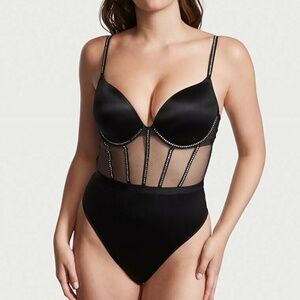 Victoria's Secret Black Mesh & Rhinestone Thong Bustier Bodysuit